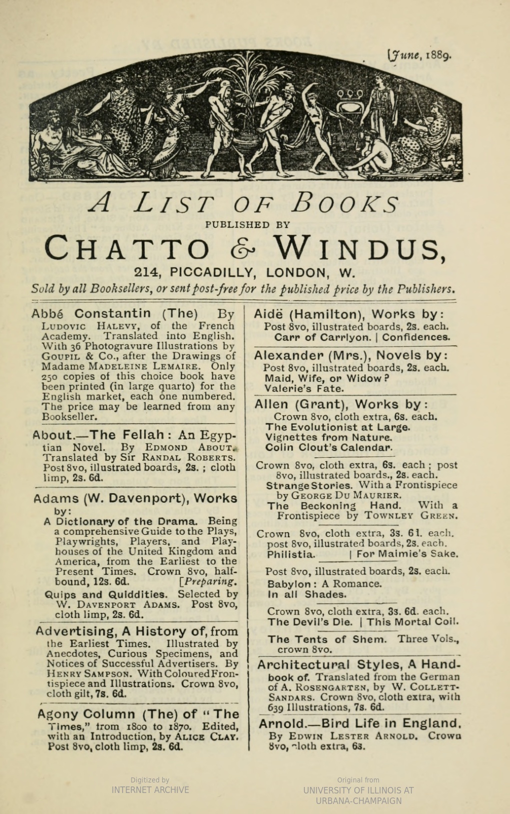A Chatto Windus Book List (appearing at the back of a volume of Blind Love by Wilkie Collins, published by Chatto and Windus in 1889).