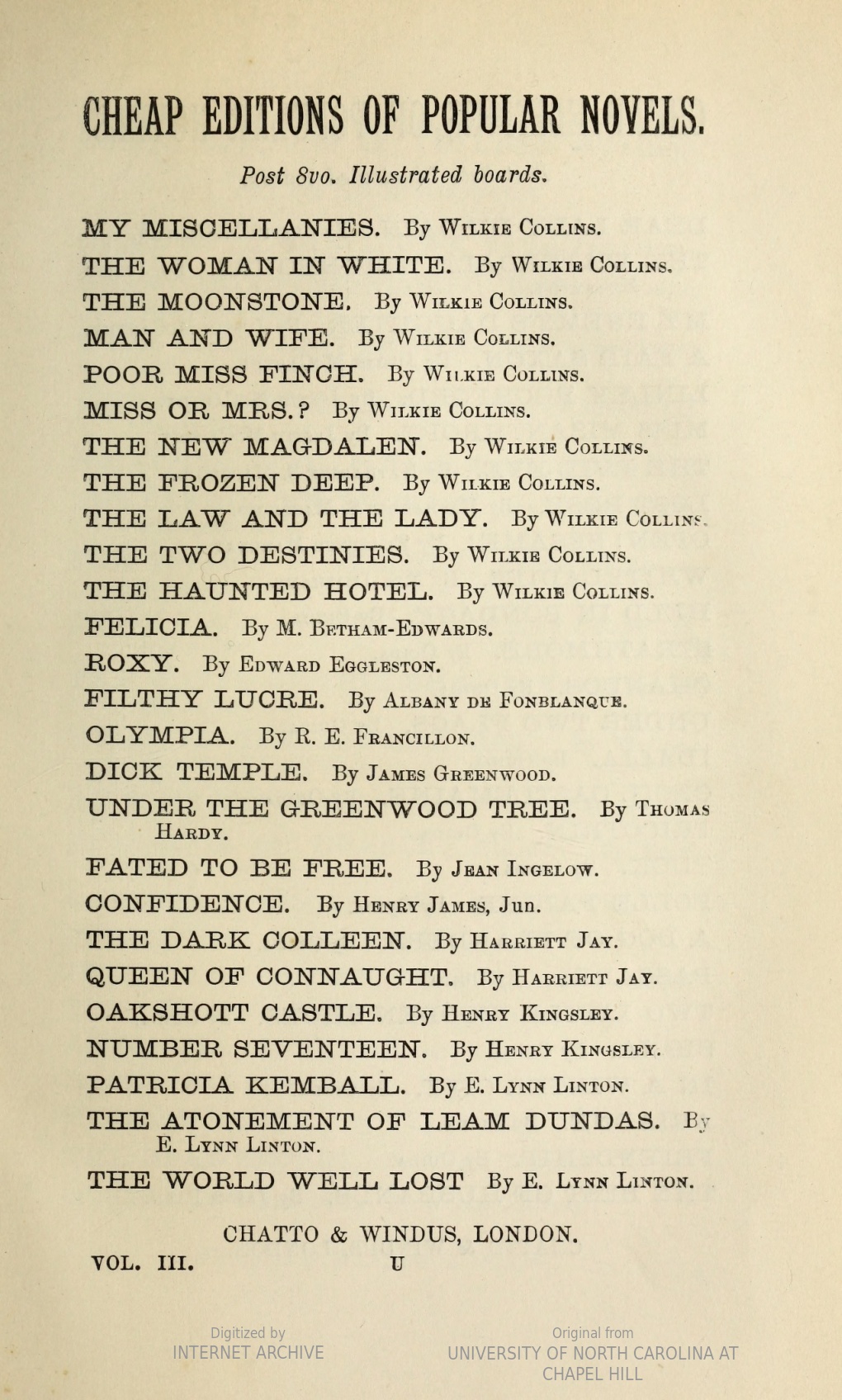 List of “Cheap Editions of Popular Novels” from the back pages of Queen Cophetua by R. E. Francillon (1880)