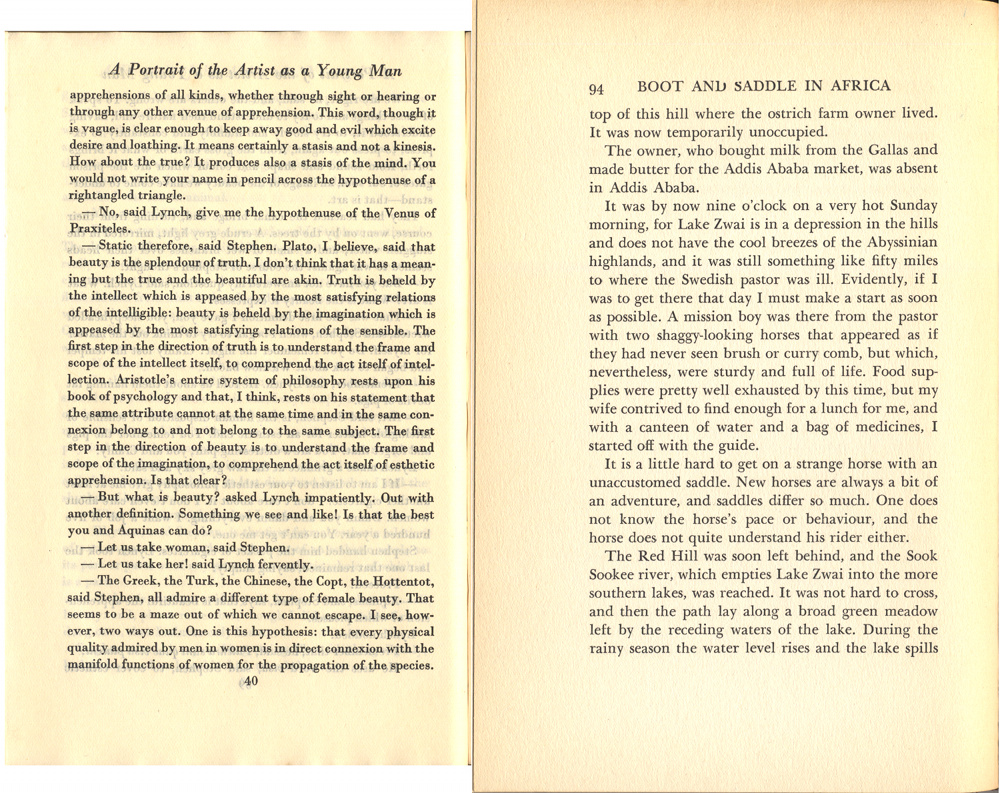 Pages of “Introducing James Joyce” and “Boot and Saddle in Africa”